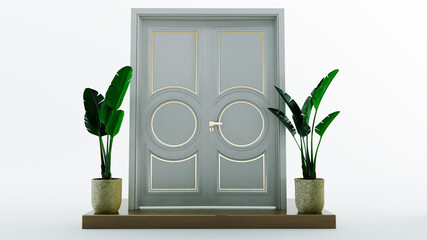 3D render of closed wooden door with plants pots isolated on white background