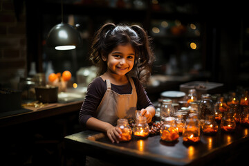 A cheerful young girl with a bright smile wearing an apron in a cozy kitchen filled with warm glowing lanterns and jars.