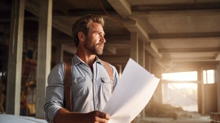 Mid-adult Caucasian male architect looking at blueprint, while observing the work on a construction site.

