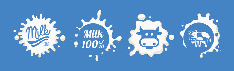 White Milk Splash on Blue Background with Text Vector Set