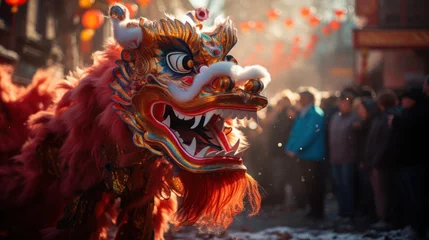 Fotobehang Lion dance during the Chinese lunar new year in Paris, France © Ashfaq