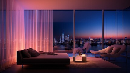 A minimalist penthouse with strategic neon backlighting behind sheer curtains, creating an aura of urban sophistication. - obrazy, fototapety, plakaty