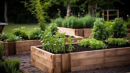 Organic vegetable garden with seedlings in wooden boxes. Gardening concept