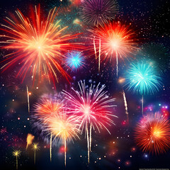 A festive night illuminated by stunning, colorful fireworks, painting the night sky with vibrant hues during celebratory moments. Welcome the New Year with a vivid display of exploding fireworks