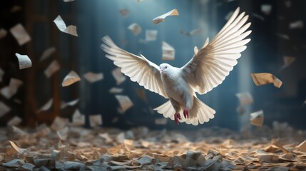 Pigeon flying in the air with paper sheets on dark background