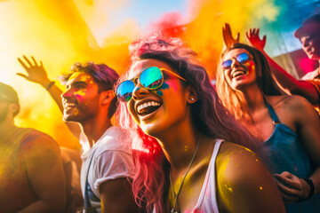 Diverse group of friends enjoying a music festival or concert, showcase of embodiment of energy and vitality of live concert fun