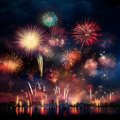 A festive night illuminated by stunning, colorful fireworks, painting the night sky with vibrant hues during celebratory moments. Welcome the New Year with a vivid display of exploding fireworks
