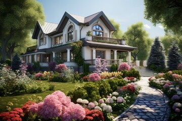 Fototapeta na wymiar Large beautiful white two-storey villa with many flowering plants in the garden
