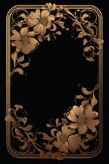 cornice grafica decorativa dorata a tema floreale dorato verticale con sfondo nero - obrazy, fototapety, plakaty