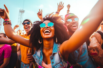 Diverse group of friends enjoying a music festival or concert, showcase of embodiment of energy and...