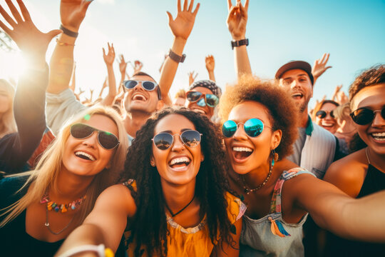 Diverse group of friends enjoying a music festival or concert, showcase of embodiment of energy and vitality of live concert fun
