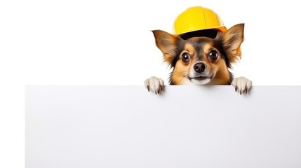 Handyman dog worker with helmet behind blank white banner ,ready to repair, fix everything at home, isolated on white background.

