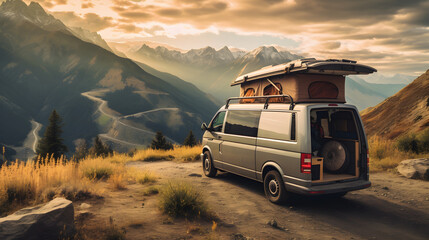 Adventure van with open doors overlooking mountains