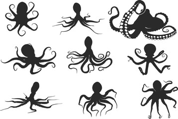 Octopus silhouette, Octopus vector, Octopus SVG, Octopus silhouettes, Octopus clipart, Octopus icon set - obrazy, fototapety, plakaty