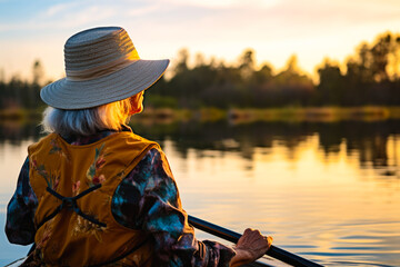 Rear view of a retired older woman enjoying a peaceful moment while canoeing or kayaking on calm waters during late afternoon. A serene scene, contemplative solitude and tranquility