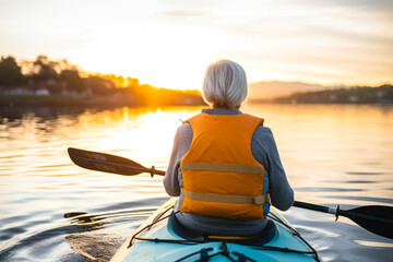 Rear view of a retired older woman enjoying a peaceful moment while canoeing or kayaking on calm waters during late afternoon. A serene scene, contemplative solitude and tranquility - obrazy, fototapety, plakaty