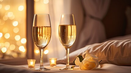 Two glasses of champagne in the upscale hotel room. Dating, romance, honeymoon, valentine, getaway concepts. Horizontal.

