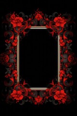 graphic vertical frame, red, flowers, black background, Cornice floreale rossa decorata verticale rettangolare dorso carta cartolina copertina libro - obrazy, fototapety, plakaty