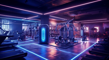 A modern gym with energetic neon lights tracing the outlines of high-tech equipment, motivating a dynamic workout environment. - obrazy, fototapety, plakaty