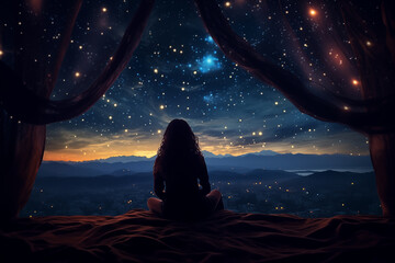 young woman looks at the stars. silhouette