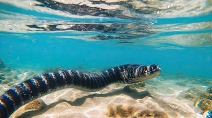 Banded Sea Snake inside clear ocean.

