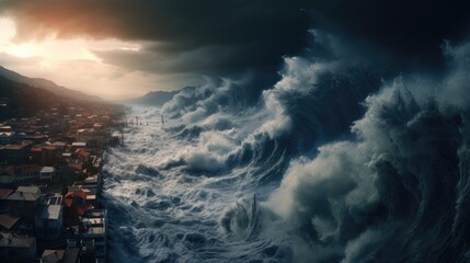 Apocalyptic dramatic background - giant tsunami waves crashing small coastal town.

 - obrazy, fototapety, plakaty