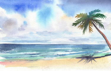 Watercolor landscape. Sunny day with sea waves, yellow sand and palm trees.