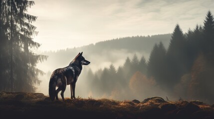 Wolf in a foggy forest - obrazy, fototapety, plakaty