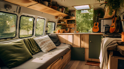 Compact living space in converted van interior