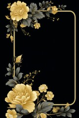 graphic vertical frame, yellow, flowers, black background, cornice floreale dorata decorata verticale rettangolare dorso carta cartolina copertina libro - obrazy, fototapety, plakaty