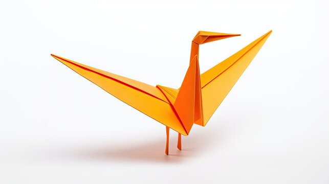 Orange origami crane on a white background.

