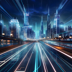 Light trails streaking through a sleek, modern metropolis, surrounded by towering skyscrapers and bathed in the glow of neon futuristic technology. A backdrop suggesting the future of virtual reality,