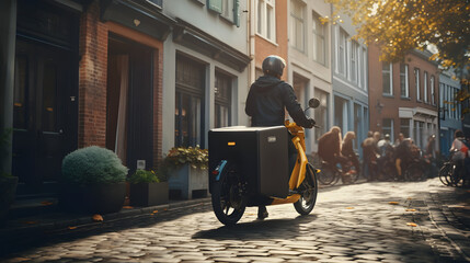 Electric cargo bike delivering packages in city - obrazy, fototapety, plakaty