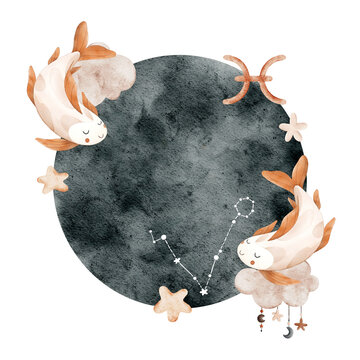 Watercolor children's composition of zodiac sign Pisces, cloud, stars, horoscope symbol, constellation. For printing, packaging, postcards, brochures, baby shower, poster, decoration. Place for text