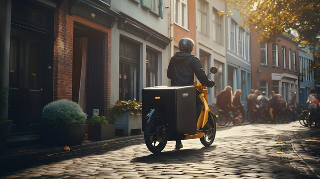 Electric cargo bike delivering packages in city
