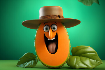 Cheerful animated orange papaya with a smile on his face and a hat on his head.