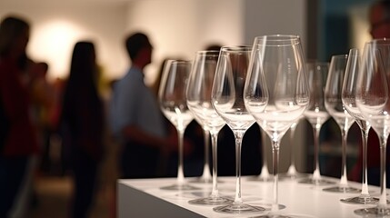 Row of Glasses filled with Wine in the background of blurred people and framed paintings at the exhibition in modern gallery. Artwork blurred in the background. Art gallery hall.


