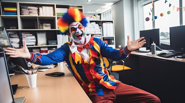 Sports fan wearing clown makeup in office.

