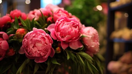 Bouquet of pink peonies in a vase on the table. Springtime Concept. Mothers Day Concept with a Copy...