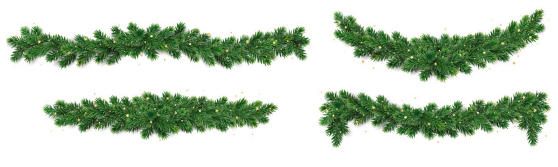 Christmas tree garland isolated on white. Realistic pine tree branches with golden confetti decoration. Vector border for holiday banners, party posters, cards, headers. - obrazy, fototapety, plakaty