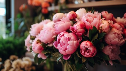 Bouquet of pink peonies in a vase on the table. Springtime Concept. Mothers Day Concept with a Copy Space. Valentine's Day.
