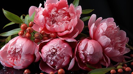 Beautiful pink peony flowers with water drops on black background. Springtime Concept. Mothers Day Concept with a Copy Space. Valentine's Day.