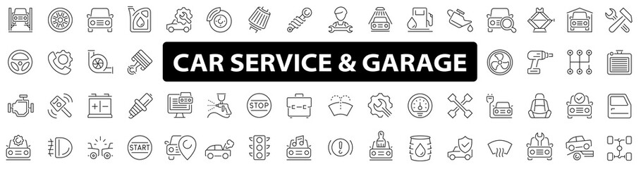 Car service & garage 56 icon set. Car garage. Auto service. Car, automobile, wash, shop, oil, maintenance, engine, diagnostic and more. Vector illustration.