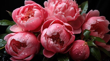 Beautiful peonies on a black background with drops of water. Springtime Concept. Mothers Day Concept with a Copy Space. Valentine's Day.