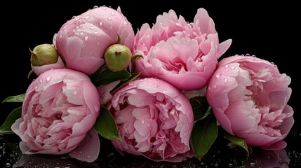 Bouquet of pink peonies with water drops on black background. Springtime Concept. Mothers Day Concept with a Copy Space. Valentine's Day.