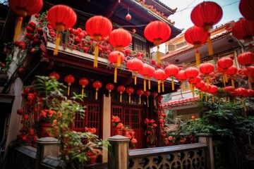 Chinese red lanterns. Decoration on the house for Chinese New Year - obrazy, fototapety, plakaty