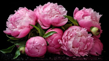 Bouquet of pink peonies with water drops on black background. Springtime Concept. Mothers Day Concept with a Copy Space. Valentine's Day.
