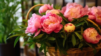 Bouquet of peonies in a wicker basket on the windowsill. Springtime Concept. Mothers Day Concept with a Copy Space. Valentine's Day.