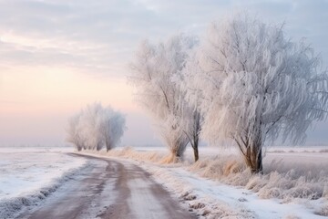 Winter walking path and trees covered with hoar frost.