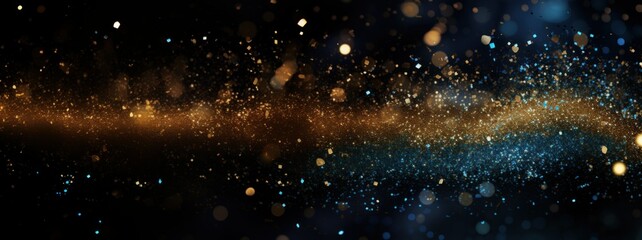 Christmas Holiday Gold blue lights glitter abstract background. New year golden navy abstract bokeh shine texture. Glittering bokeh circular gold on blue background